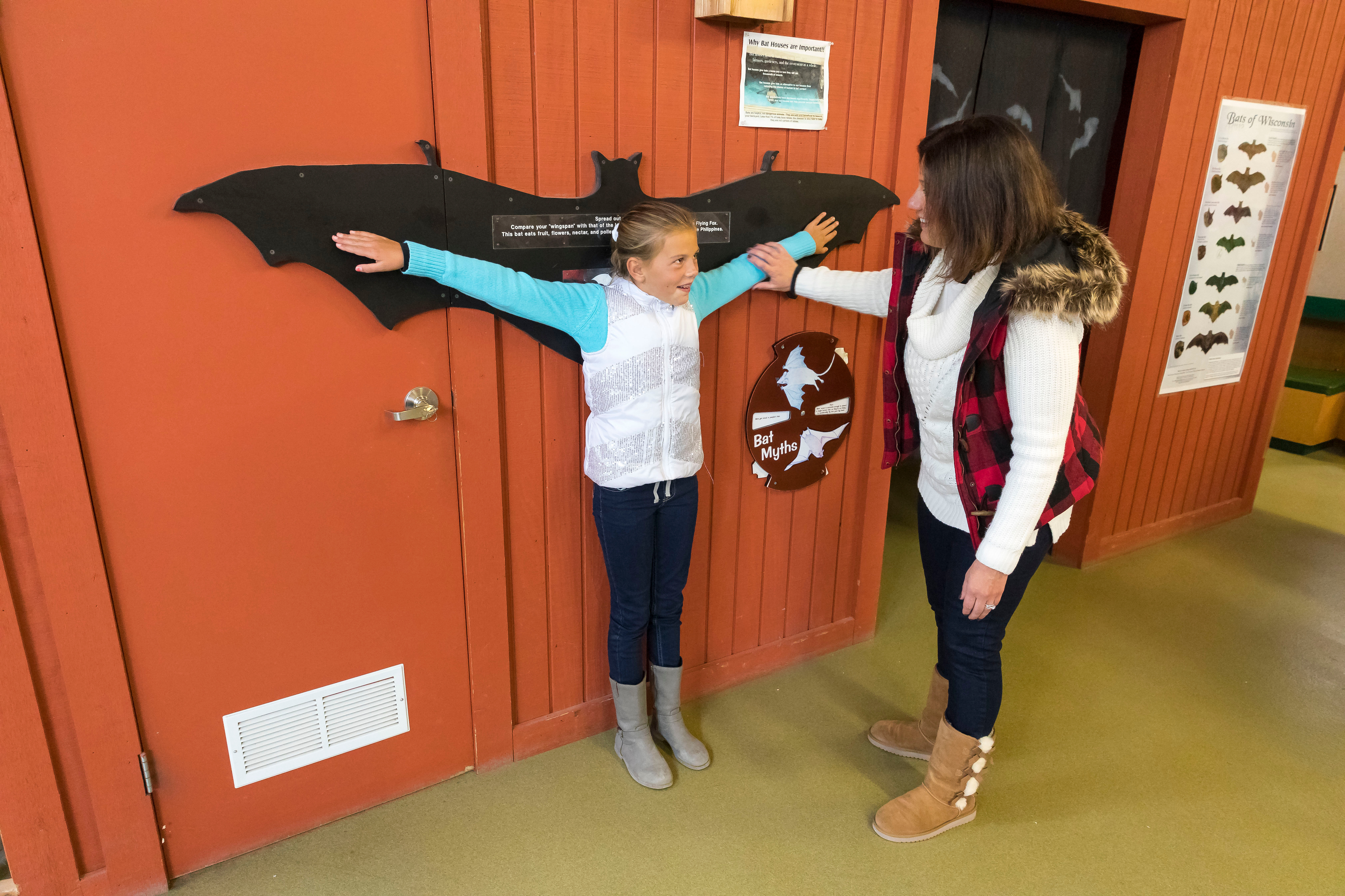 2 people looking at bat barn display in Ledge View Nature Center