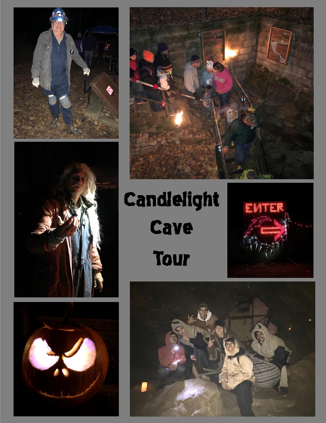 A poster showing photos from the Candlelight cave tour. Some are pictures of characters in costume, 