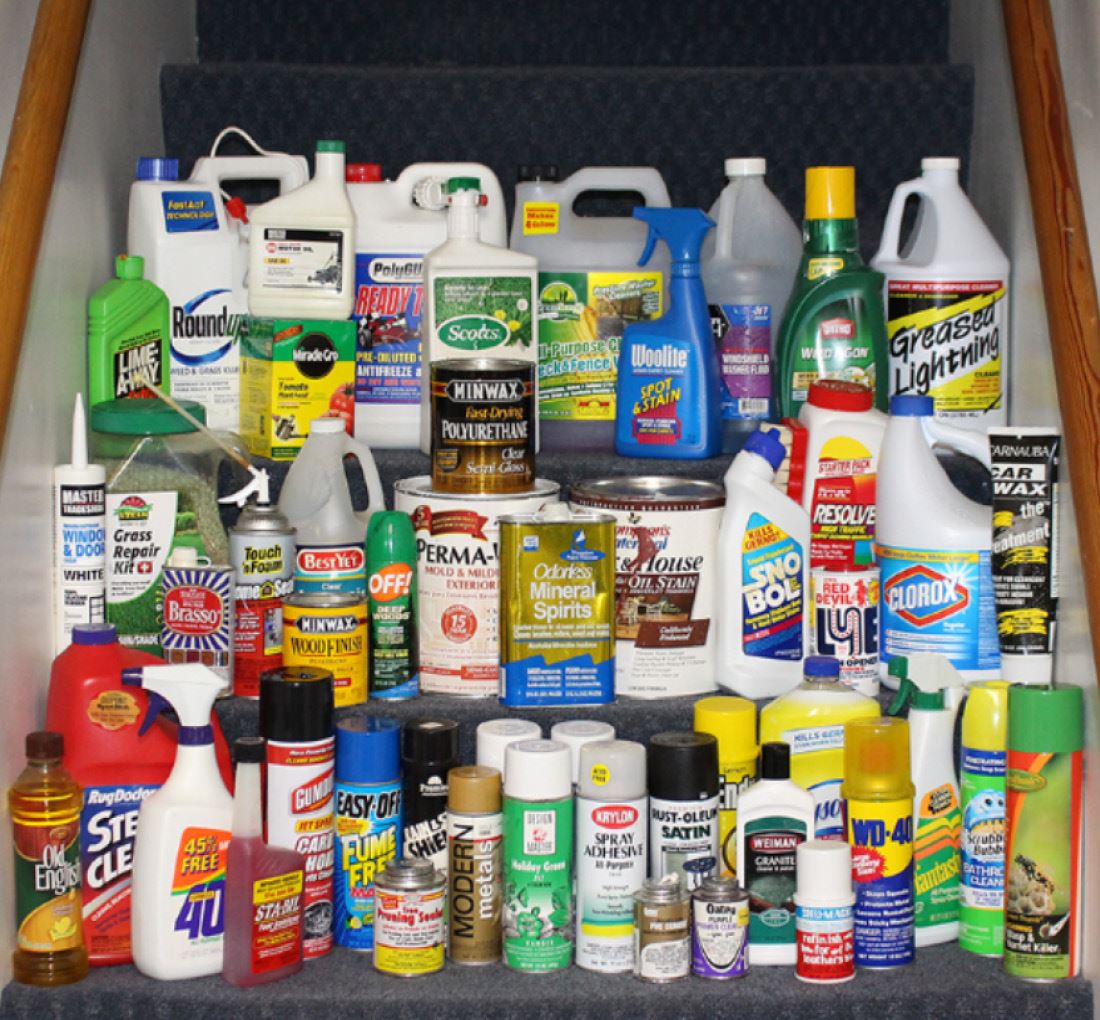Household Hazardous Waste items on steps.