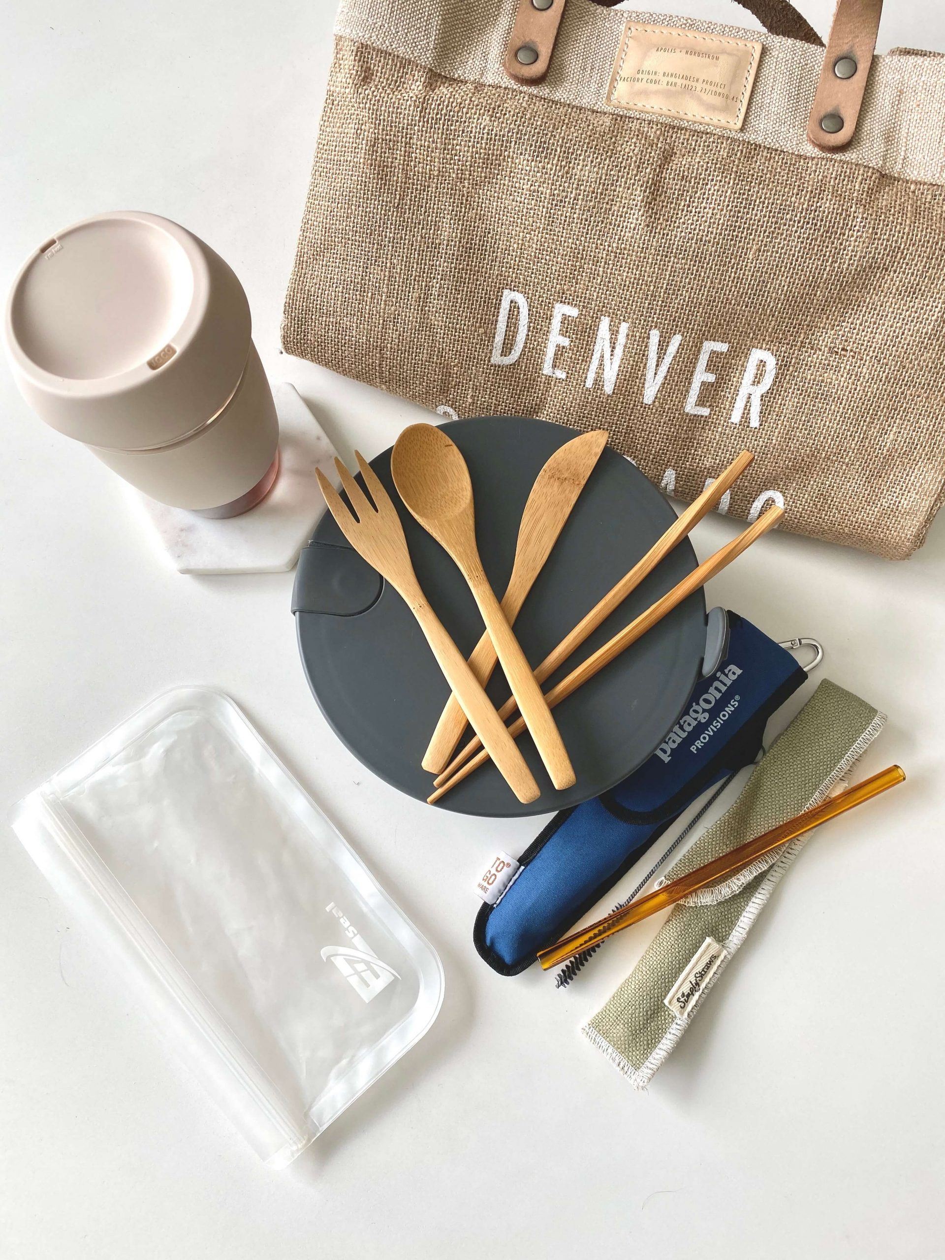 Reusable bag, cup, containers, eating utensils, and straw