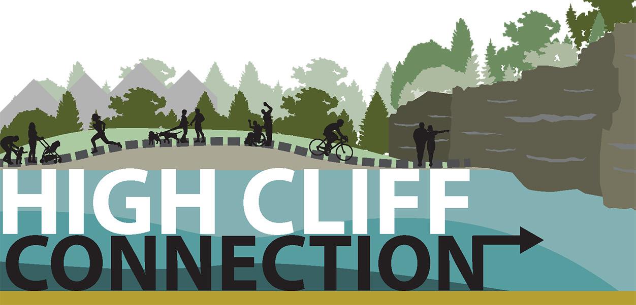 High Cliff Connection text over graphic of hikers, bikers, and joggers on trail with trees and cliff